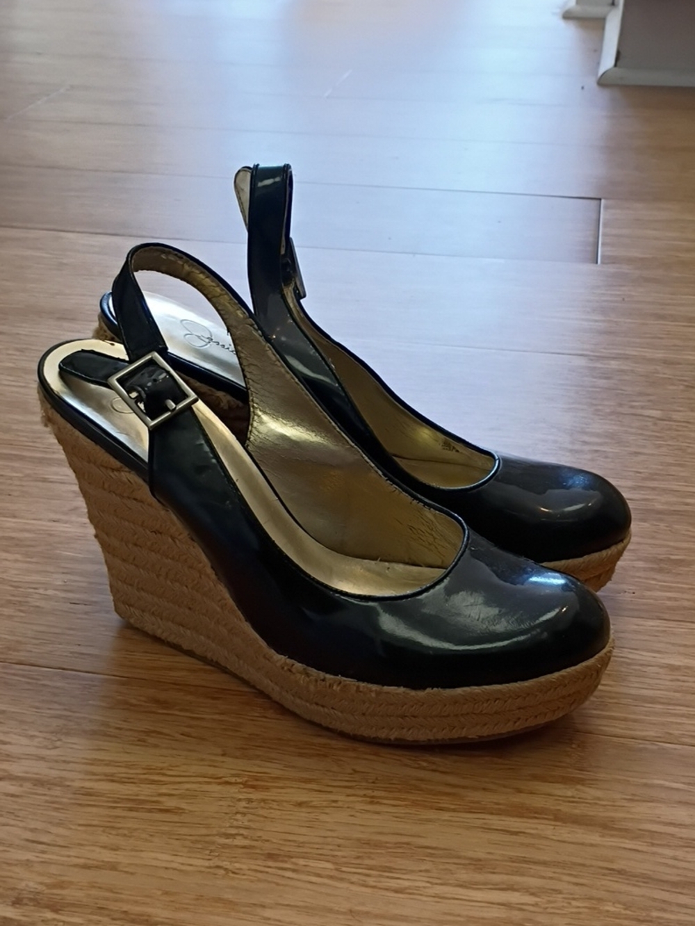 Jessica Simpson Black Patent Slingback Espadrille Wedges